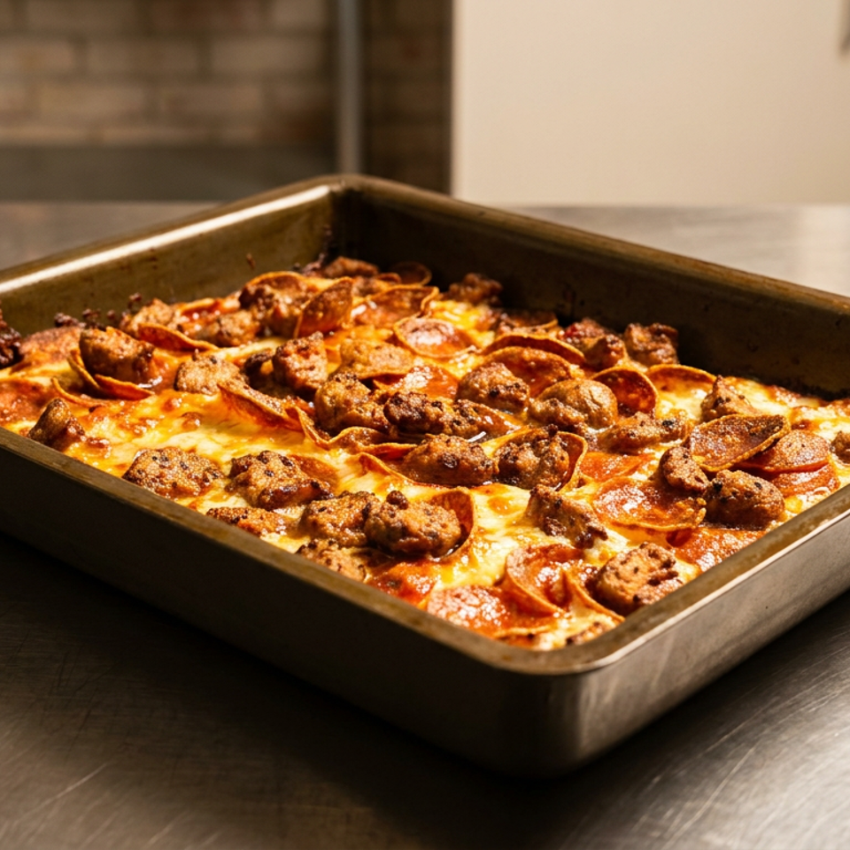 Baked deep-dish pizza topped with melted cheese, pepperoni, and sausage in a rectangular metal pan on a commercial kitchen counter.