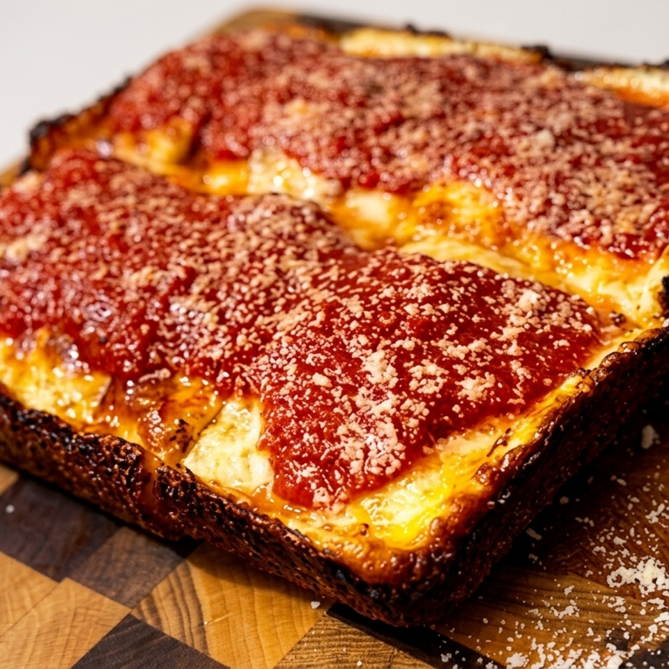 Deep-dish pizza topped with tomato sauce and grated cheese, baked in a rectangular pan on a wooden cutting board.