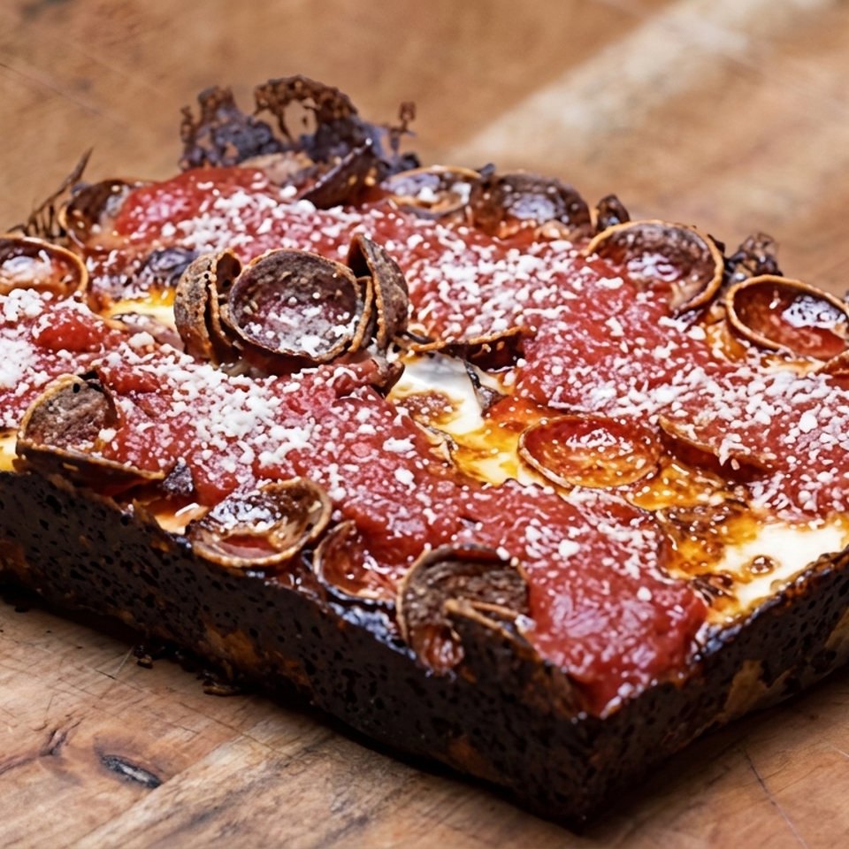 Rectangular Detroit-style pizza topped with tomato sauce, melted cheese, pepperoni, and grated cheese on a wooden table.