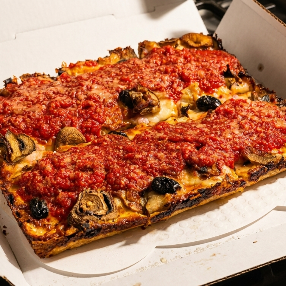 Rectangular deep-dish pizza topped with tomato sauce, melted cheese, mushrooms, and black olives in an open cardboard box.