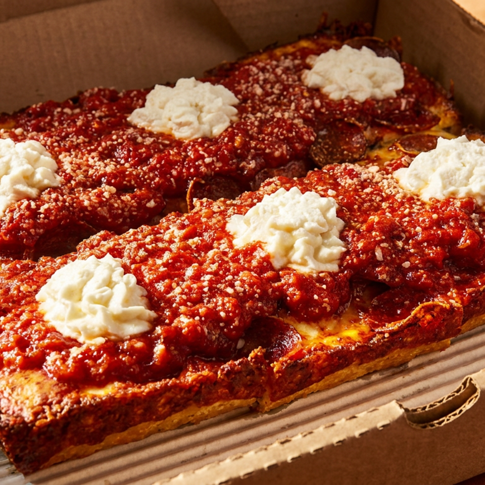 Rectangular Detroit-style pizza topped with tomato sauce, pepperoni, grated cheese, and dollops of ricotta in a cardboard box.