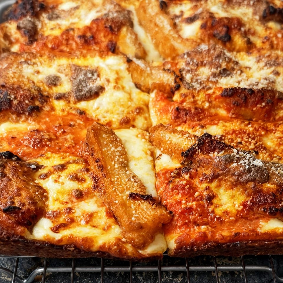 Tray of golden-brown layered lasagna with melted cheese, tomato sauce, and crisped edges cooling on a wire rack.